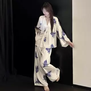 国风米白蓝调水墨印花睡衣女秋款冰丝长袖长裤宽松舒适家居服套装