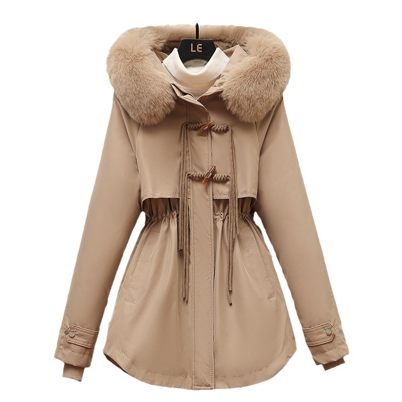El comercio exterior superó el vello grueso plumón chaqueta de algodón para mujeres de estilo largo estilo coreano de otoño y invierno cintura con capuchón chaqueta de algodón