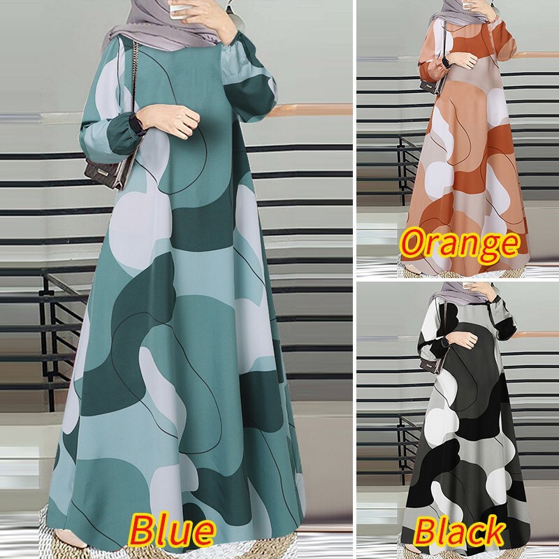 In-Stock New Cross-Border Loose Long-Sleeve Printed Dress for Women, Plus-Size Casual Fashion Round-Neck Long Dress Wholesale