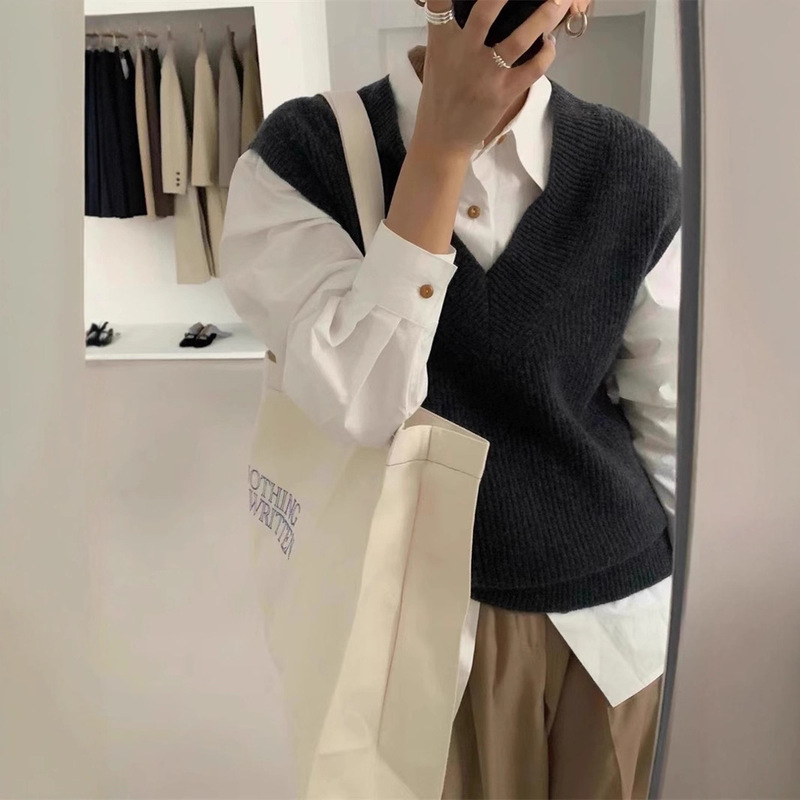 灰色毛衣女法式复古宽松外穿v领针织马甲背心女坎肩春秋叠穿上衣|undefined