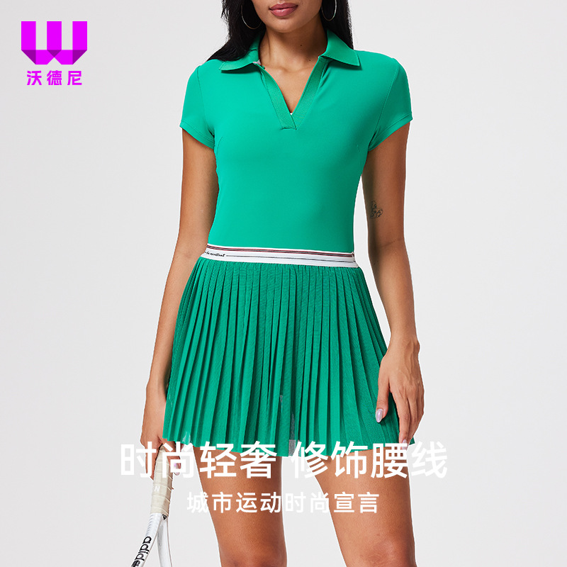 Traje deportivo transfronterizo, ropa de secado rápido para mujer, solapa con cuello en V, pantalones de falda delgada de manga corta, ropa de tenis de temperamento de verano