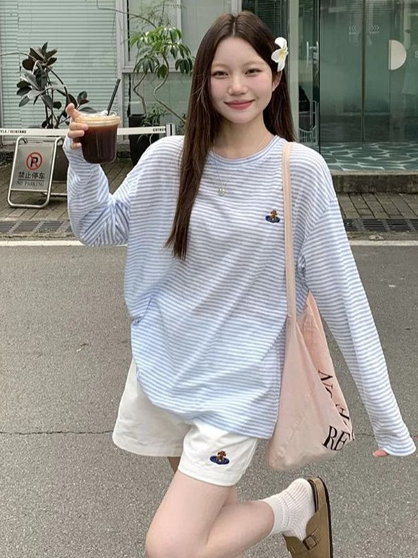 薄い漫画刺繍ストライプ長袖ブラウス Tシャツ女性の夏のデザインミッドレングスルーズ日焼け止めトップ|undefined