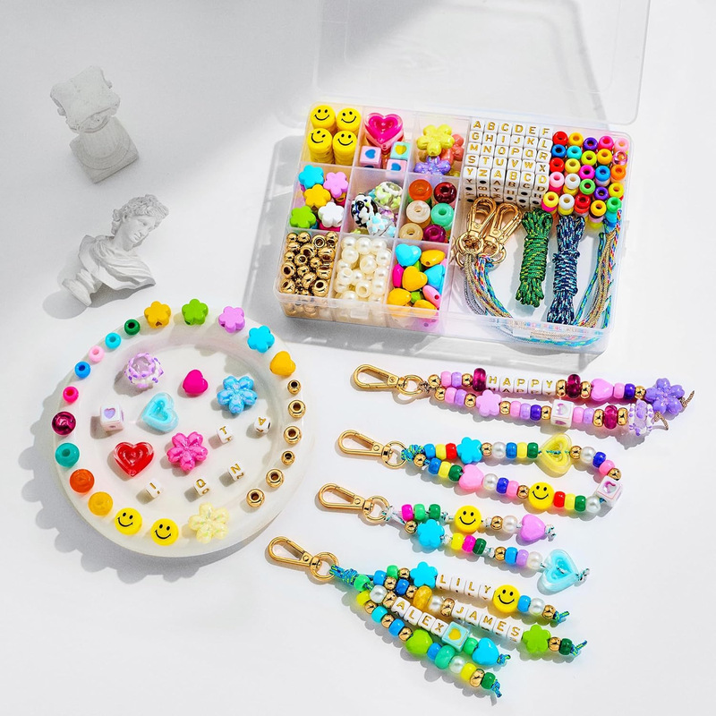421Pcs Beaded Keyring Making Acrylic Heart Star Flower Letter Bag Beaded DIY Keyring Jewelry