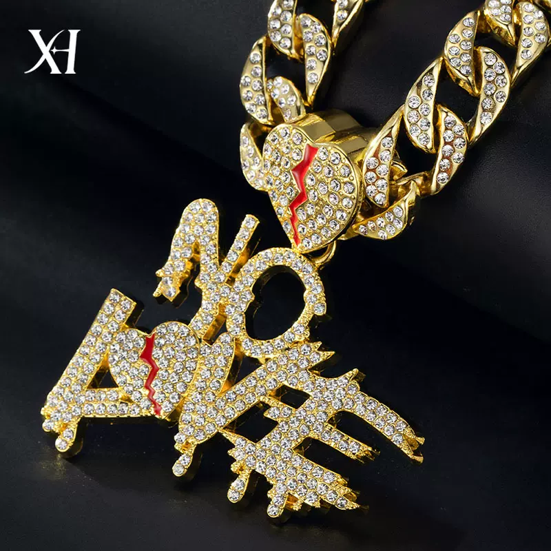 跨境新款嘻哈满钻古巴链拼接字母爱心吊坠hiphop街头文化潮男项链