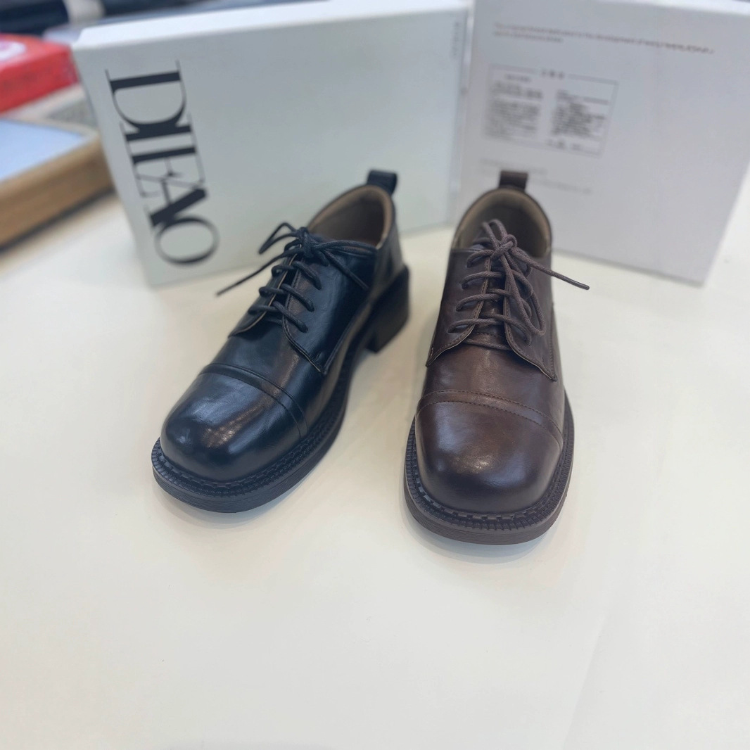 蝶澳dieao7051复古系带小皮鞋秋冬季鞋子圆头粗跟布洛克单鞋英伦