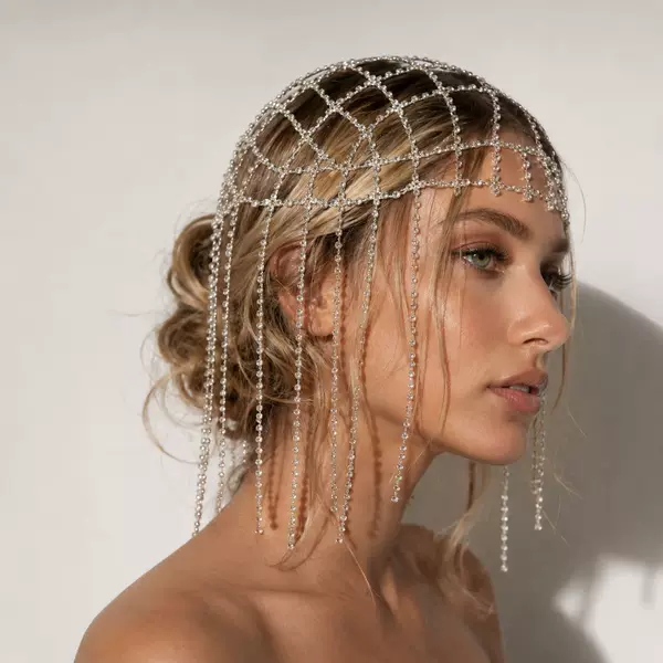 French-style mesh rhinestone tassel headpiece, heavy-duty full-rhinestone hollow-out headband, photo shoot atmosphere headpiece, hairchain