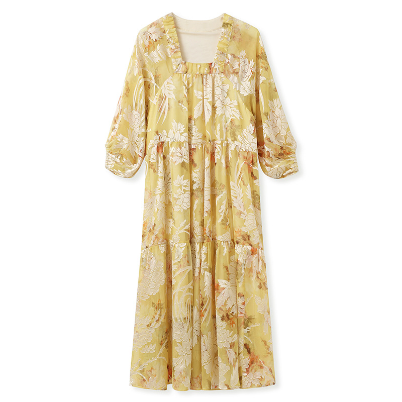 Váy maxi nữ phong cách Trung Quốc mới, chất rayon mềm mại, thiết kế suông rộng tôn dáng — màu vàng chanh