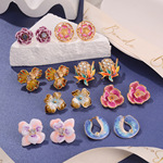 复古花朵耳环气质立体镶钻渐变珐琅彩滴油高级新款耳钉耳饰女批发