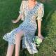 Floral V-neck Dress Women's Summer 2022 New French Style Gentle Elegant Long Dress with Tight Waist Slimming Tea Break Dress