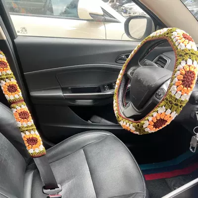 Steering wheel cover: Crochet Sunflower Rose Flower - camel-sunflower-flower-steering-wheel-set-3-pieces-36-40cm