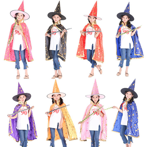Halloween cloak children's performance costume little witch magician cosplay five-star cloak hat set