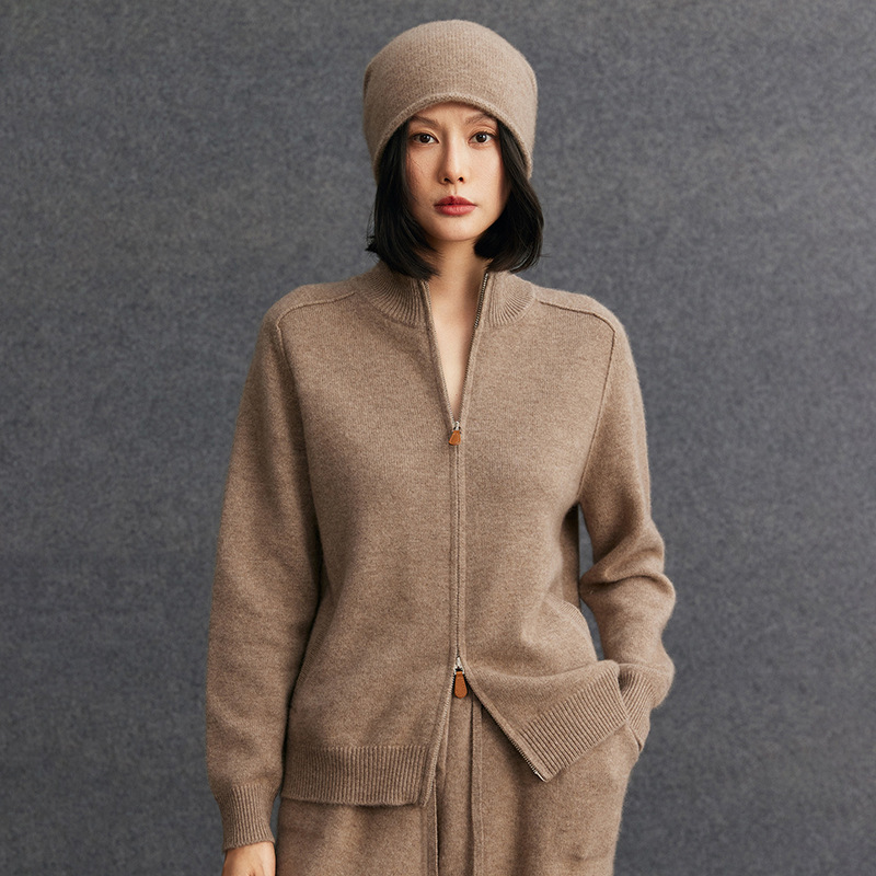 Cashmere 2026 Autumn and Winter New Women's Wide Round Neck Double Zipper Double Pocket Thickened Base Knit Sweater Jacket