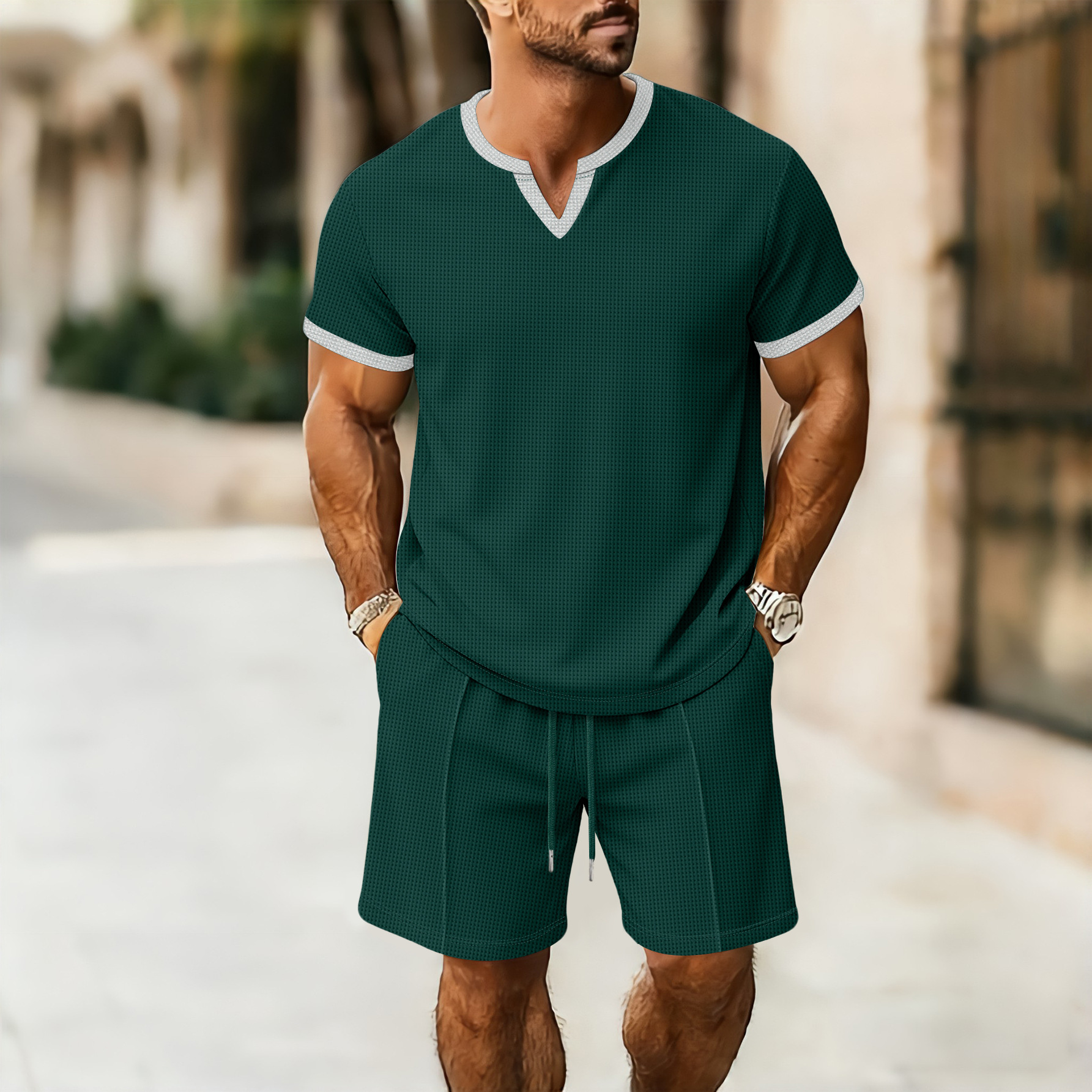 Herren Waffelstrick V-ausschnitt Set Mit T-shirt Und Kurzer Hose_voghion.com