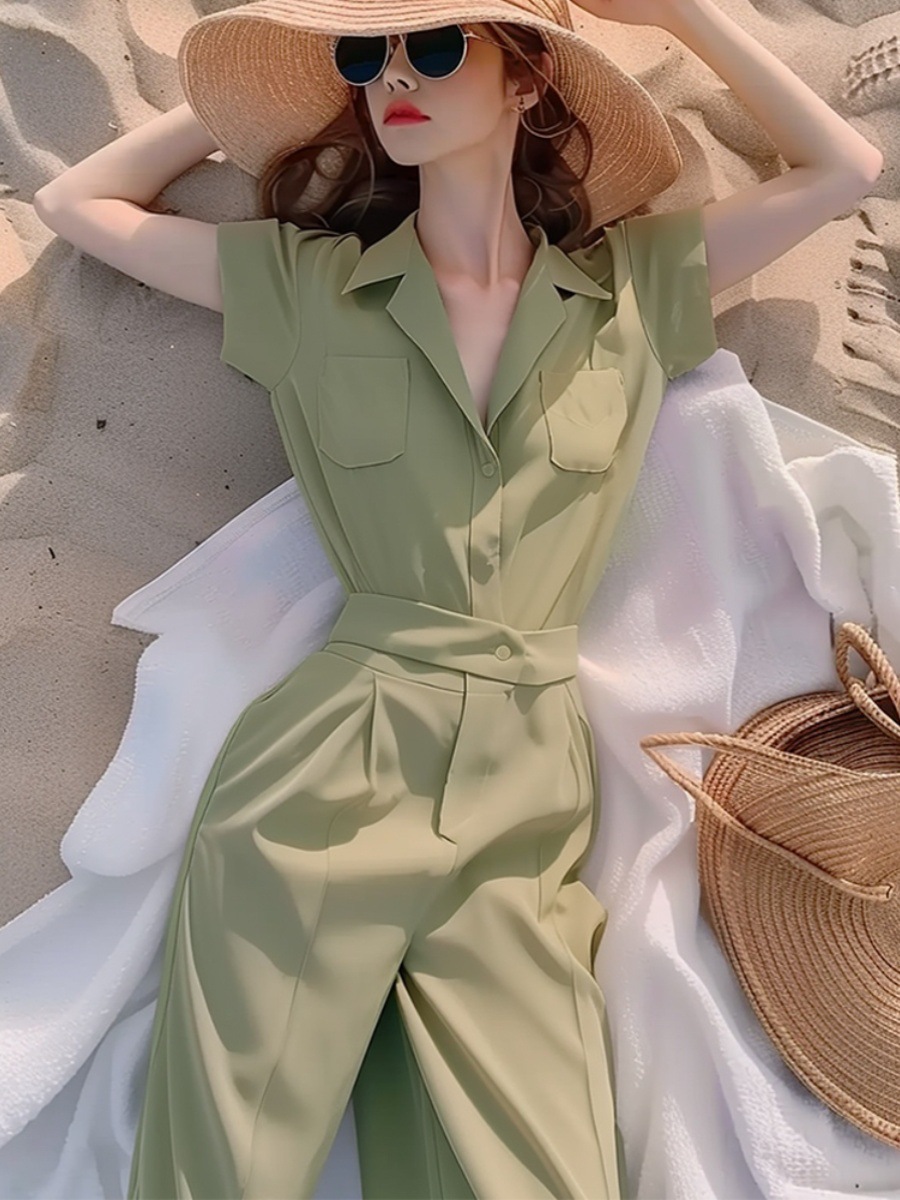 Jumpsuit nữ dài tay sơ mi xanh lá cây mới mùa hè 2024 chất vải xếp nếp mềm mại — xanh lá cây chi tiết 6