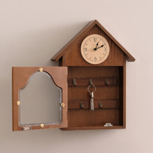 木质置物架玄关处钥匙挂架客厅卧室收纳架带钟表镜子现代简约壁挂