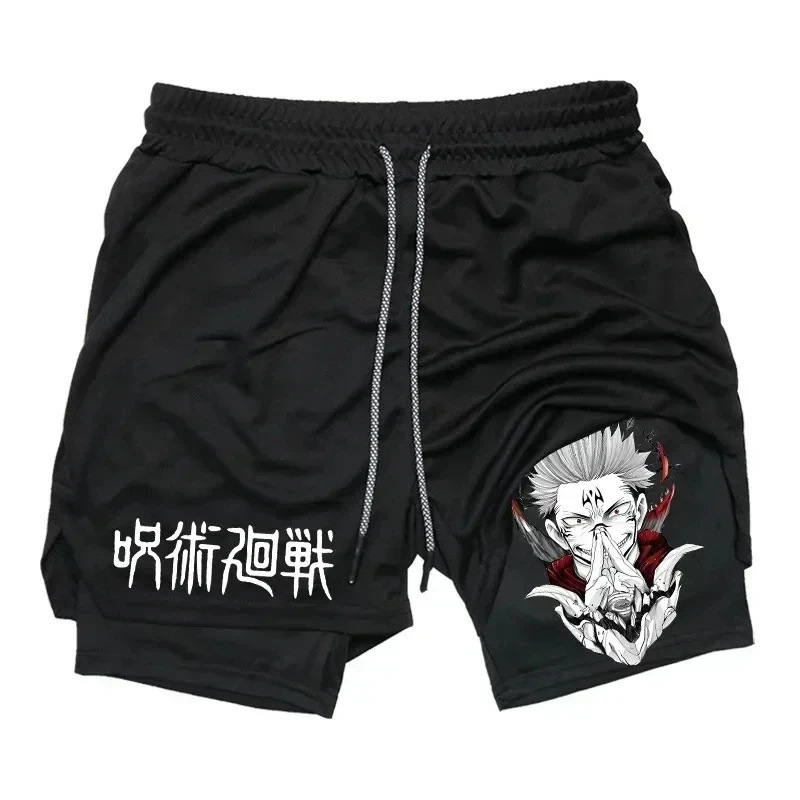 Men's sports shorts "spell back to war" animation graphics 2 in 1 compression shorts, suitable for men,