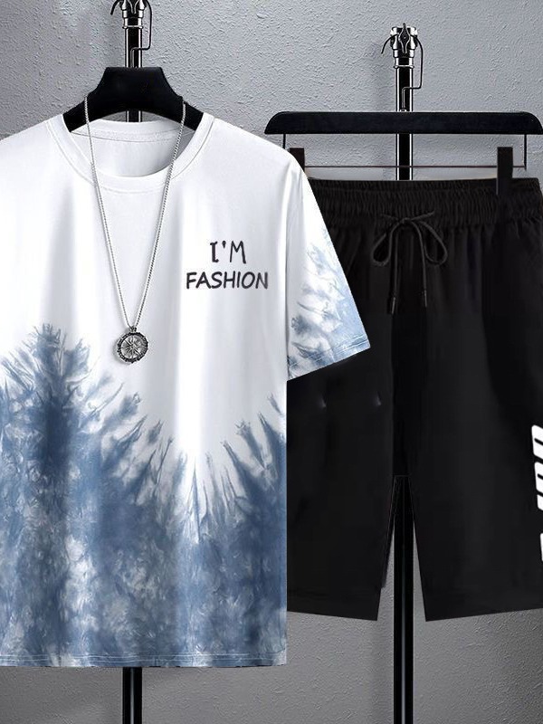 New Quick-Drying Ice Silk Gradient Suit Men's Short-Sleeved T-Shirt Summer Casual Shorts Sports Two-Piece Set Handsome Men's Clothing