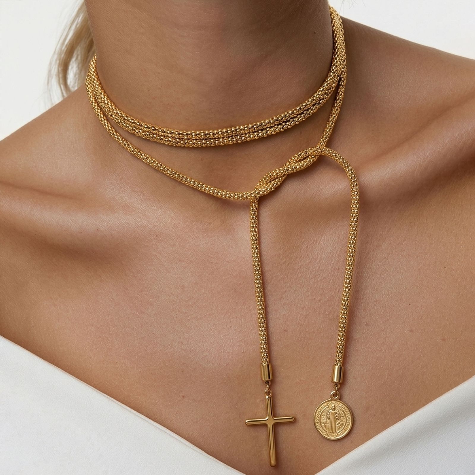 European and American Cross-Border Jewelry, Cross Saint Benedict Pendant, Multi-Layer Winding Design, Stainless Steel Thick Chain Long Necklace