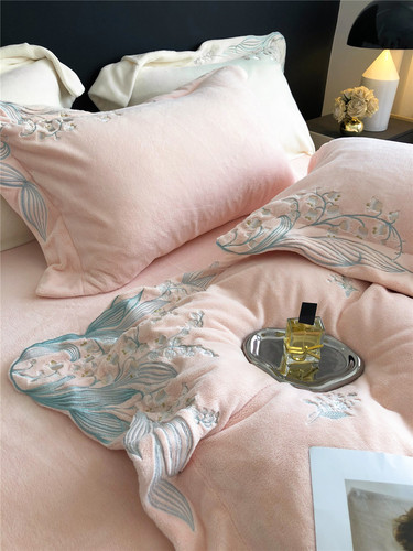 Modern style autumn and winter thickened warm brocade milk velvet high-end lily of the valley embroidery bedding bedding home textiles
