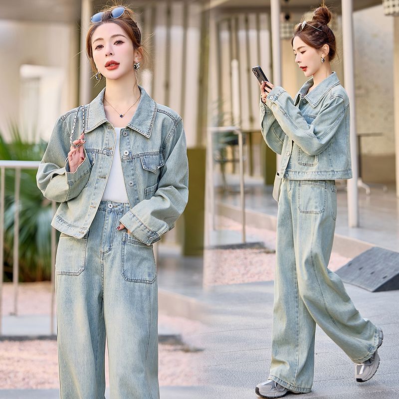 韩系牛仔套装女2025新款洋气时尚休闲百搭外套阔腿裤高级感两件套|undefined