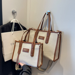 大容量手提女包2023新款潮帆布撞色托特包日常上班通勤單肩斜挎包