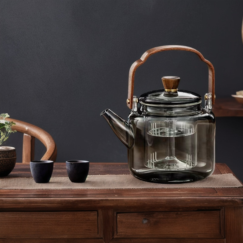 實商供貨圍爐煮茶透黑高硼硅玻璃新款四代蒸煮一體胡桃木提梁壺