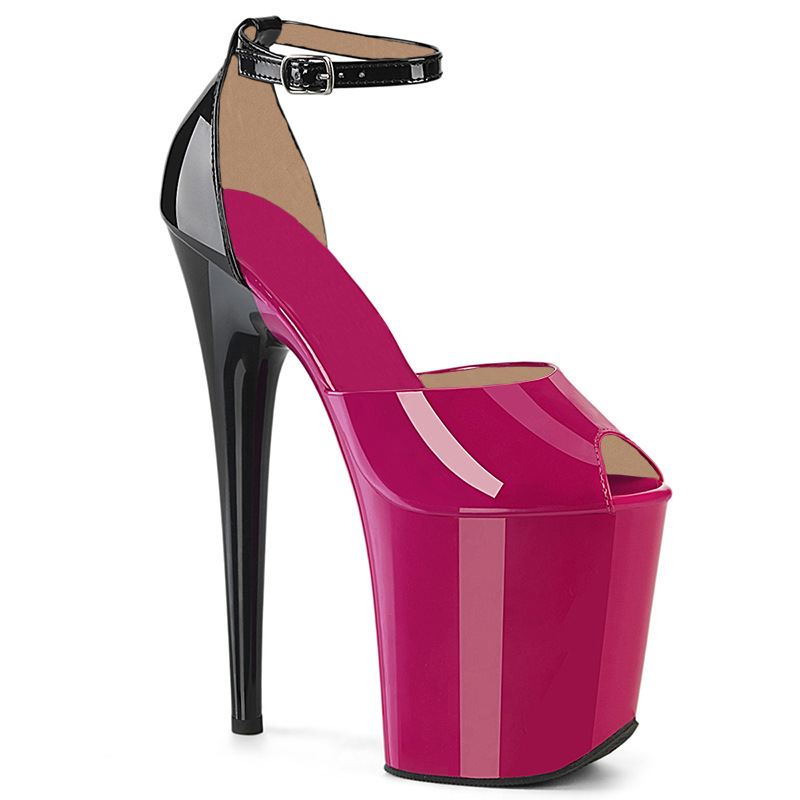 20cm New Pole Dance High Heels Cross-Border Large Size Small Fish Mouth Cut Out 8inch Color Matching Patent Leather Fashion Women's Sandals