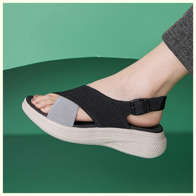 Sandal nữ quai chéo dệt kim phối dây rút, đế MD nhẹ êm — màu be, màu đen, xanh lam, màu hồng chi tiết 5