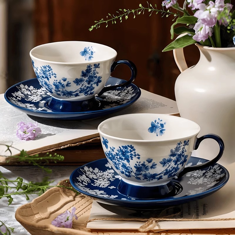 Tazas de café de porcelana azul y azul de cerámica exquisita azul hermoso regalo del día del maestro de cerámica estilo chino tazas vintage