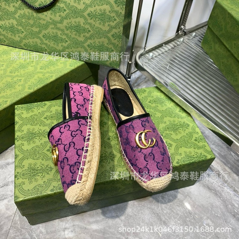 24新型G家刺繍プリント漁師靴2024年秋編みゴム底皮面浅口レジャー婦人靴|undefined