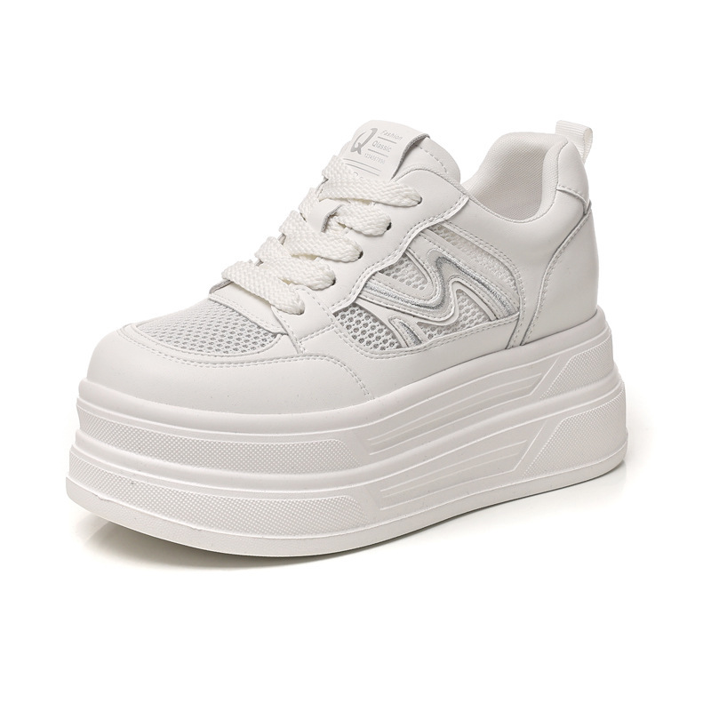 Giày sneaker nữ đế dày tăng chiều cao mặt lưới phong cách thể thao — màu trắng