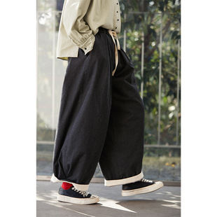 Winter New Style Literary Retro Original Women's Clothing Casual Simple Fog Black Simple Warm Elastic Waist Female Radish