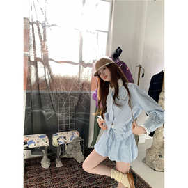 蓝衬衫撞色翻领上衣女秋季新款显瘦气质花苞短裙两件套
