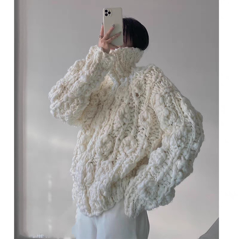 Autumn and Winter New Distinctive White High Collar Wool Three-dimensional Pattern Sweater Women's Lazy Coarse Wool Pullover Sweater Trendy