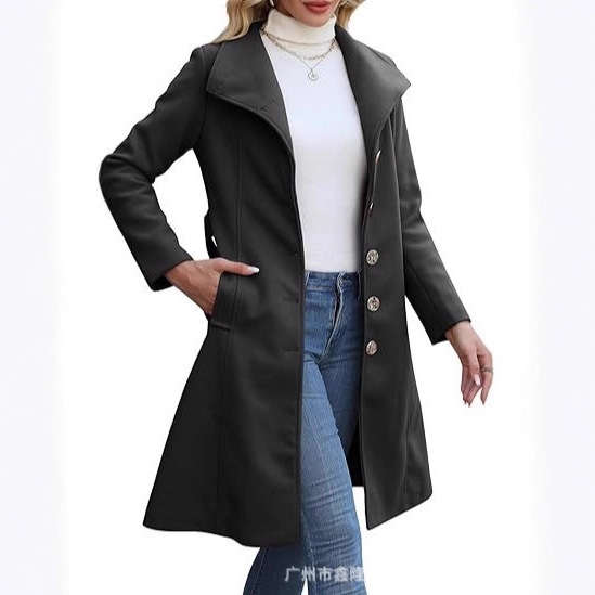 2025 Cross-Border Amazon Women's Woolen Coat Winter Long Pea Coat Stand Collar Single-Breasted Windbreaker with Belt