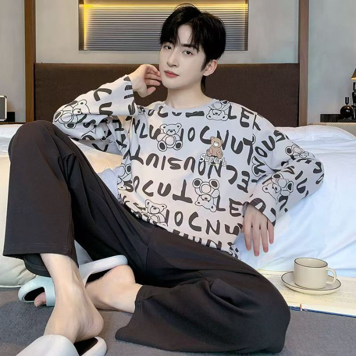 Corea del Sur 2024 pijamas de hombre de otoño pantalones de manga larga larga con un conjunto de sombreros más grande ropa casera simple al por mayor