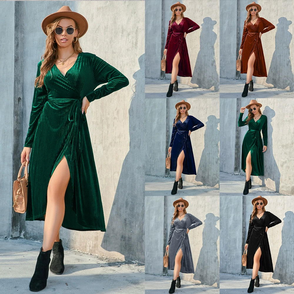 Amazon Explosions женское длинное платье больших размеров 2022 осень и зима с разрезом на ремешке с ямой Золотое бархатное платье