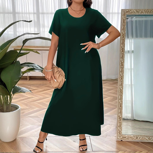 Middle Eastern Muslim fashion short-sleeve round-neck maxi dress for plus-size women with a robe-style design.
