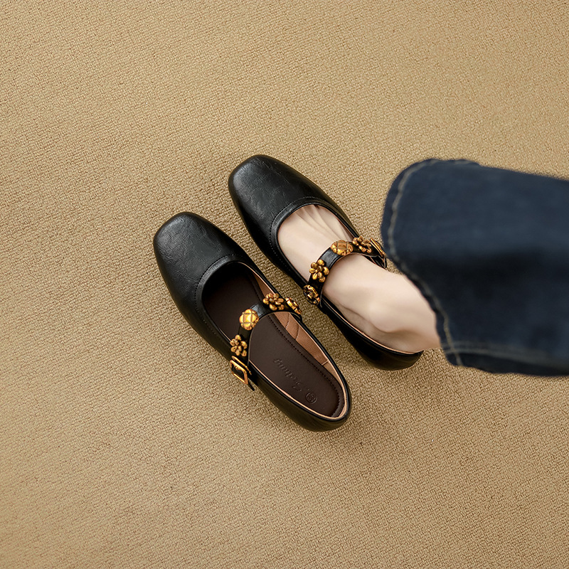 Camellia-style Vintage Mary Jane For Women With Flat Soft Soles, Round Toe, Shallow Cut, Small Leather Shoes_vogvips.com