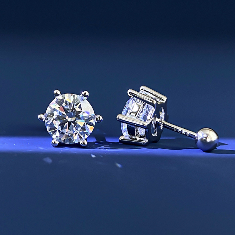 Moissanite stud earrings, S925 sterling silver six-prong ear cartilage studs, sparkly and sophisticated, unisex and minimalist design, TK cross-border earrings.