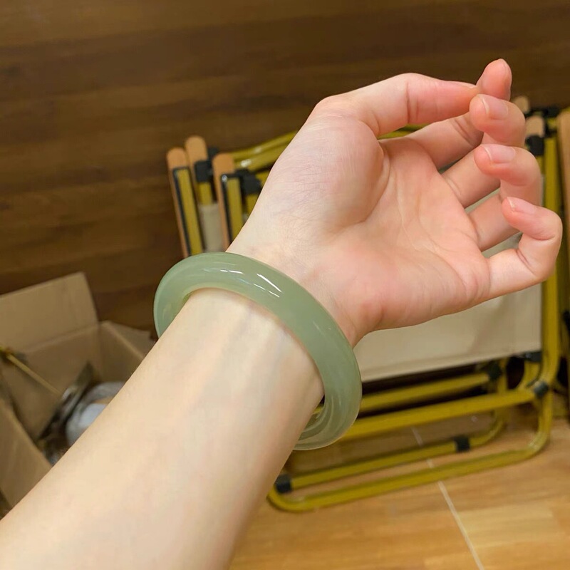 The Same Style as the Physical Store: Xinjiang Dongling Jade, Clear Lake Green Tea Color, Ice-Type Natural Girl's Jade Bracelet, Wide Band, Gift for Girlfriend