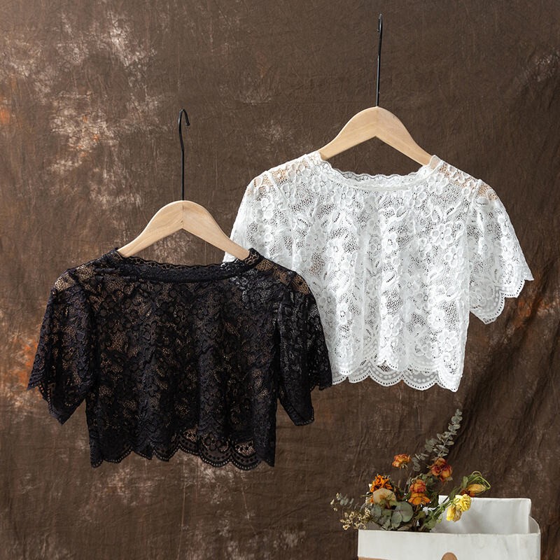 Half Lace Base Shirt Women's Lace Round Neck Fake Collar Sweater for Spring and Summer