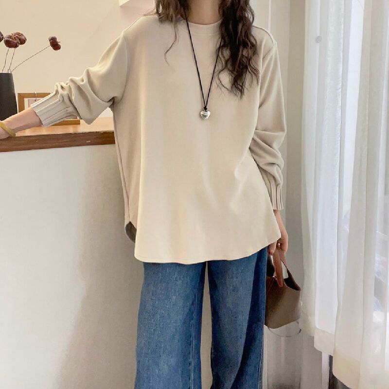Autumn and Winter Thickened Brushed Velvet Shirt for Women European Station New Women's Loose Splicing Round Neck Long-Sleeved Bottoming Shirt Trendy
