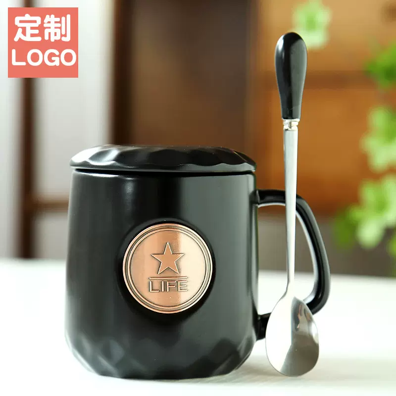 厂家供应陶瓷咖啡马克杯 陶瓷杯带盖勺子 批发