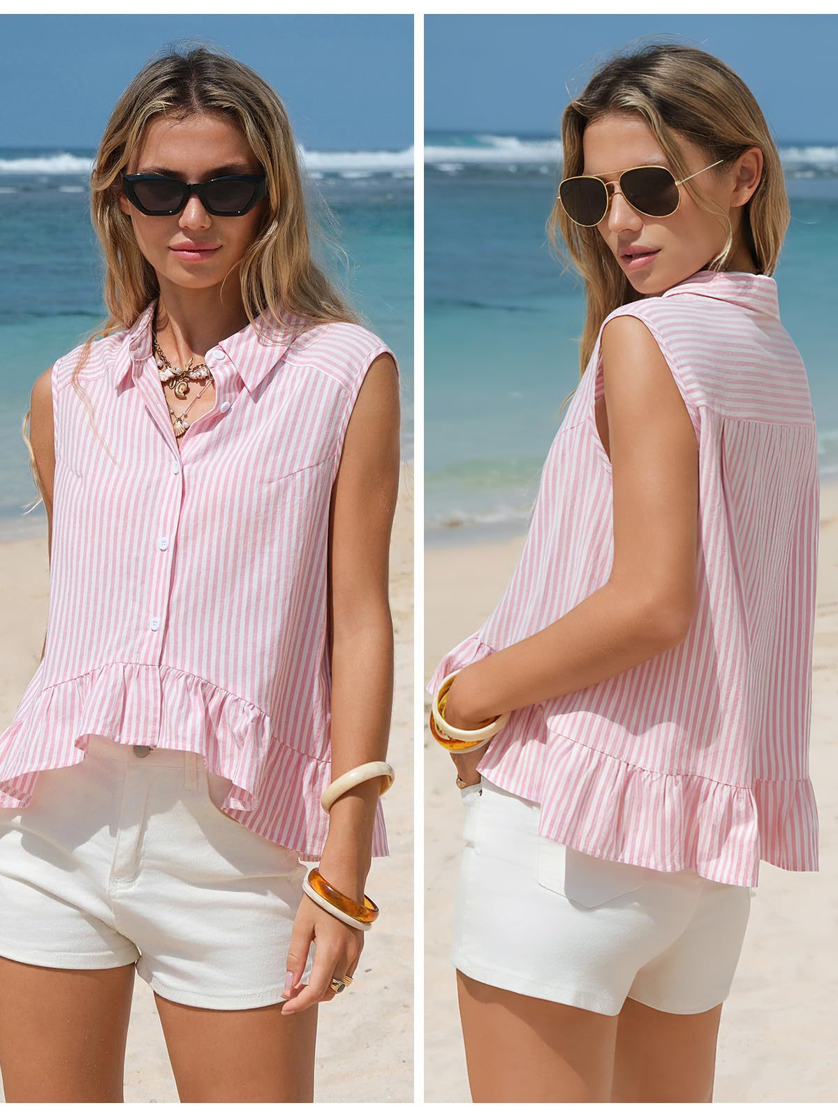 Women's Sleeveless Striped Shirt Casual Button-Up Top Summer Style American Clothing Polyester Blouse_ecoleips.com
