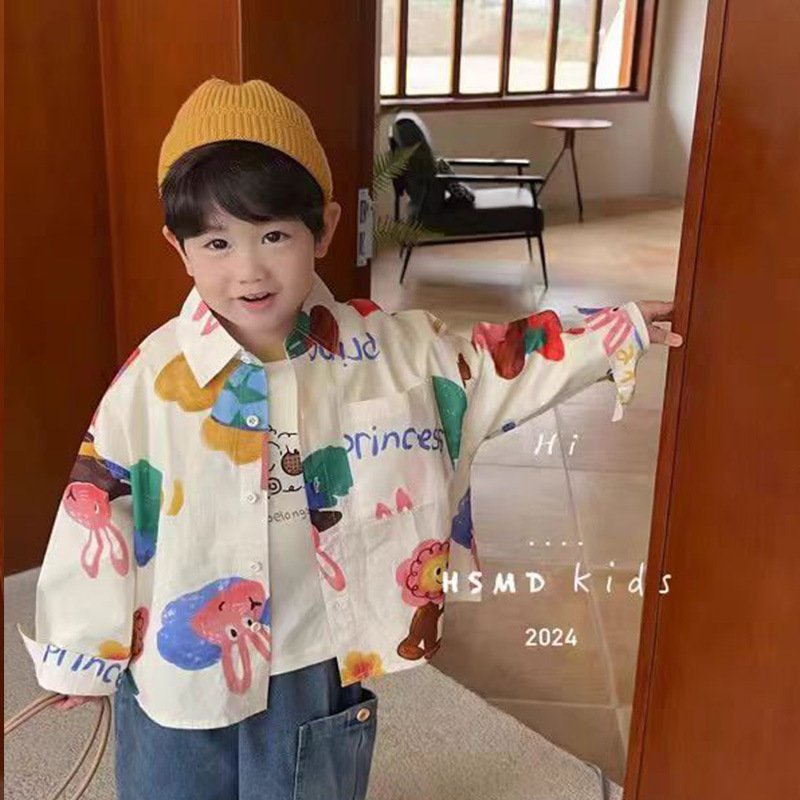 Boys' Cartoon Shirt, Spring/Autumn Style, 2024 New Arrival, Stylish and Cute Printed Top