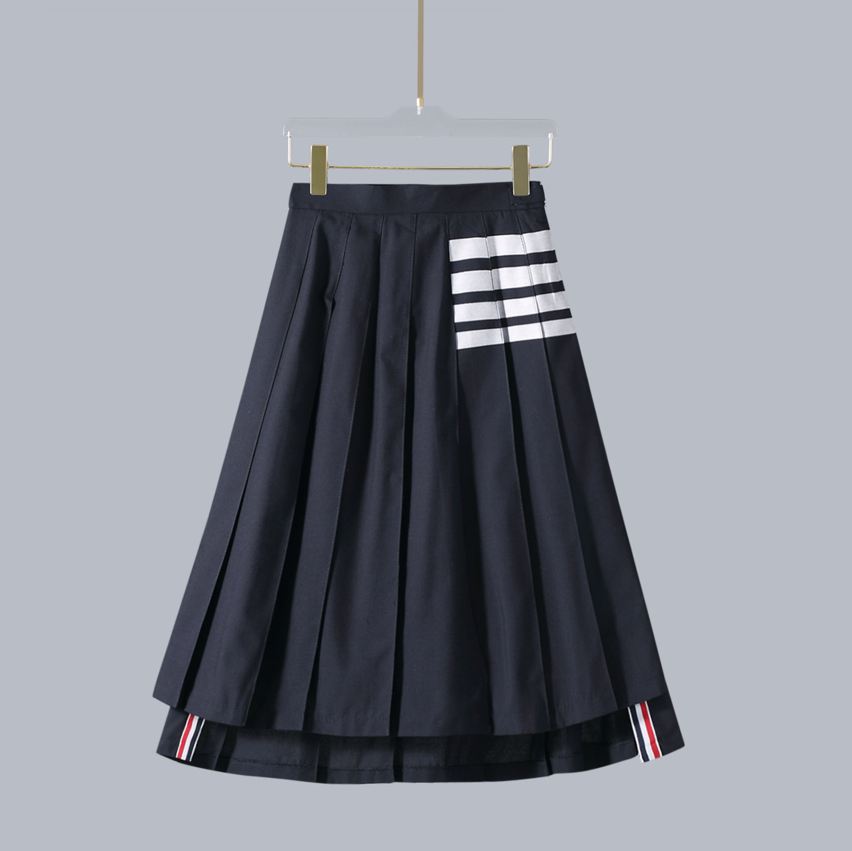 スポットTB JLプリーツスカート ハイウエスト 痩身 4本ストライプ アシンメトリーロングスカート Aライン 万能四季ハーフレングススカート レディース