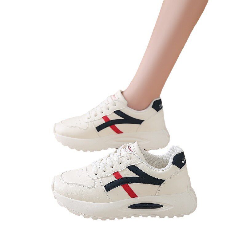 Giày sneaker nữ đế dày kiểu giày trắng cổ thấp, gót vừa 3–5 cm, dây buộc phía trước — Màu kaki be, Màu xanh be, Màu xám be