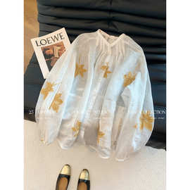 新中式系带刺绣花朵白色亚麻衬衫2025新款女复古时尚宽松气质上衣