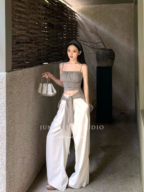 早秋套装女装纯欲风吊带背心内搭修身长袖开衫外套阔腿休闲长裤子|undefined